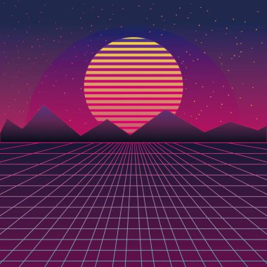 synthwave tel kafes net ve güneş 80s Retro Fütürizm arka plan render 3d çizim