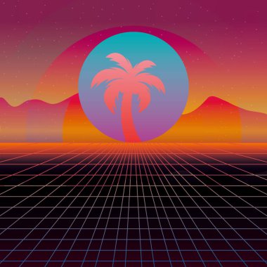 3d Arka Plan İllüstrasyon 80 s Sahne, synthwave ve retrowave müzik esinlenerek.