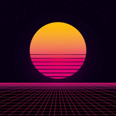synthwave tel kafes net ve güneş 80s Retro Fütürizm Arka Plan 3d illüstrasyon eps 10 render
