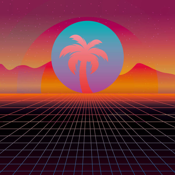 3D Background Illustration Inspired by 80 s Scene, synthwave and retrowave music.
