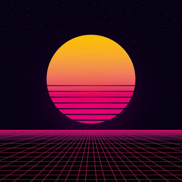 synthwave tel kafes net ve güneş 80s Retro Fütürizm Arka Plan 3d illüstrasyon eps 10 render
