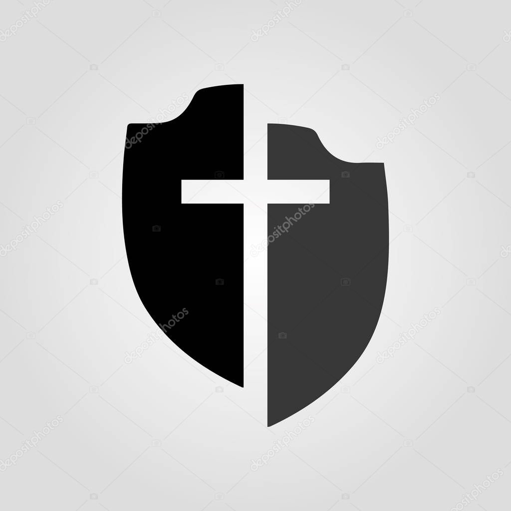 Shield with cross in flat design, isolated on light background. Vector illustration.
