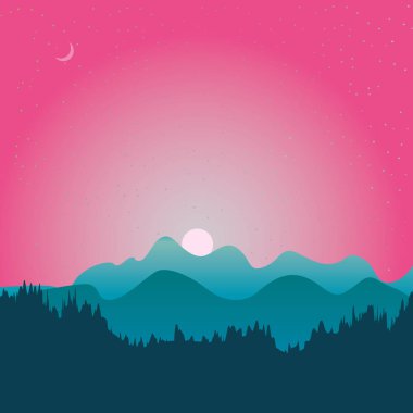 Ön planda soyut vektör görüntü ağaçlandırma ve arka planda dağların farklı düzeylerde. Dağ manzarası. Dağlardaki orman. El değmemiş doğa. Görkemli dağlar