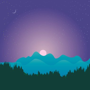 Ön planda soyut vektör görüntü ağaçlandırma ve arka planda dağların farklı düzeylerde. Dağ manzarası. Dağlardaki orman. El değmemiş doğa. Görkemli dağlar