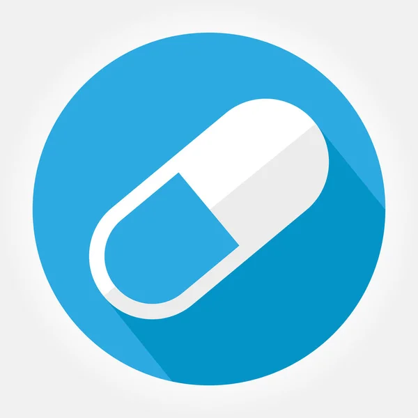 Semplice simbolo di pillola o vitamina. Icona grigia con lunga ombra nell'angolo in basso a sinistra su sfondo blu . — Vettoriale Stock