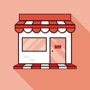 Kırmızı dükkan ikonu, vitrin. Gölgeli vektör çizimi. Tabela illüstrasyonunu kaydet. Düz gölge yolu ile kırmızı simge.