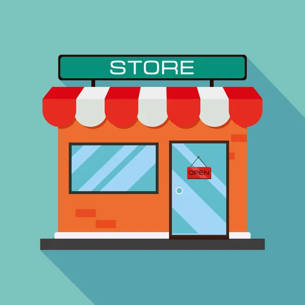 Icono de la tienda naranja. Icono de la tienda con sombra plana sobre un fondo azul. Diseño plano. Ilustración vectorial — Vector de stock