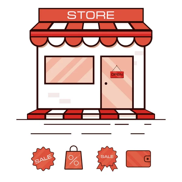 Icono de la tienda roja, escaparate. Ilustración vectorial. Con pegatinas de venta . — Vector de stock