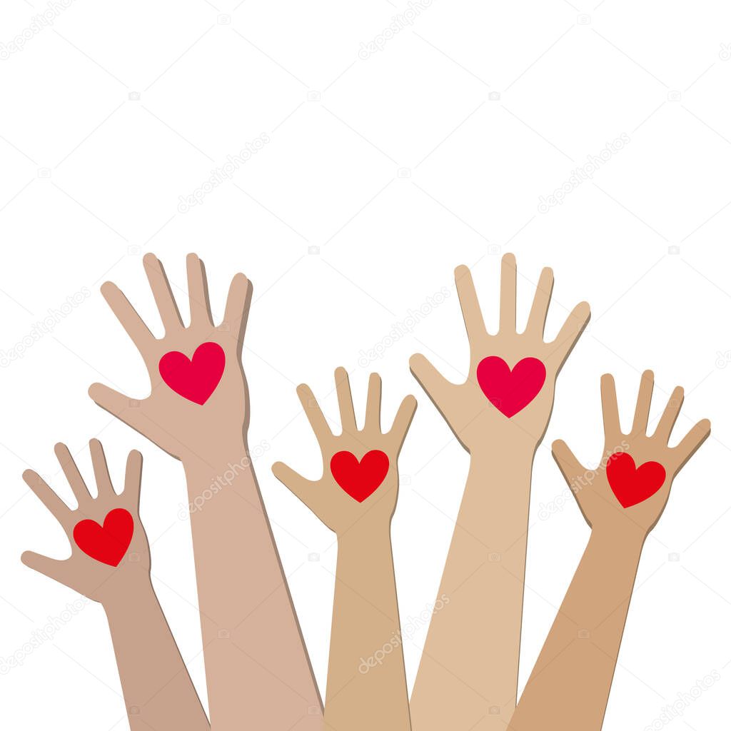 World Kindness Day. volunteer.Hands with hearts. Silhouette of the humans hands with icons of hearts.