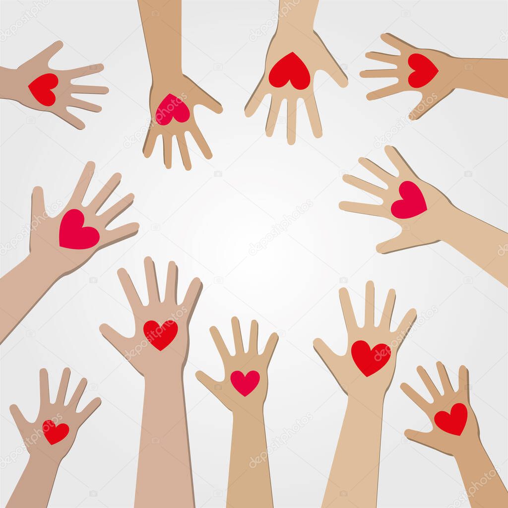 World Kindness Day. volunteer.Hands with hearts. Silhouette of the humans hands with icons of hearts.