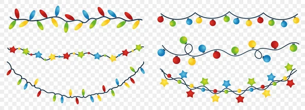 Büyük bir Noel çelengi takımı. Çok renkli ışıklar izole edildi. Parlayan ampullerin çelengi. Düz dizayn. Beyaz arka plan. Vektör.