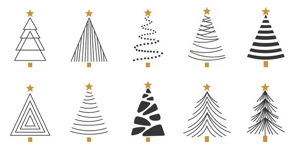 Set of christmas tree line art. Abstract linear christmas tree. Hand drawn christmas trees doodle. Minimalist and elegant christmas ornament. Vector illustration.