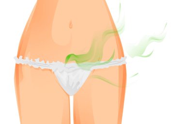 Kadın vajina sıcak. Pantolondan yeşil bulut. Koku aroması. Ter lekesi. İzole edilmiş sembol. Beyaz arka planda.