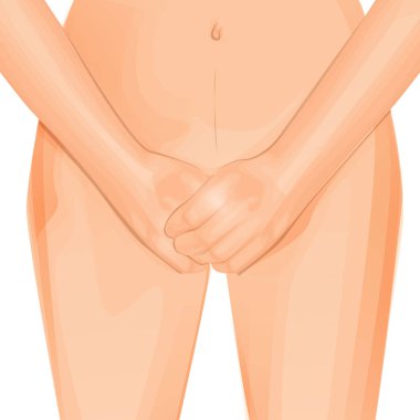 Çıplak seksi beyaz kadın vektör şaşkın ve utanç, onu kasık ve bir el ile meme kapsayan