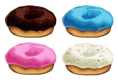 Beyaz arka plan üzerinde izole renkli çörekler kümesi. Menü tasarımı, kafe dekorasyonu, teslimat kutusu için sır içine Donut koleksiyonu. vektör illüstrasyon