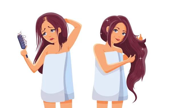 Chica con problemas de cabello, caída, alopecia, daño, antes de después de la belleza mujer estilo de dibujos animados — Vector de stock