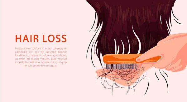 Chica con el pelo castaño, ella tiene un problema, se cae, alopecia, daño medicina vector ilustración — Archivo Imágenes Vectoriales