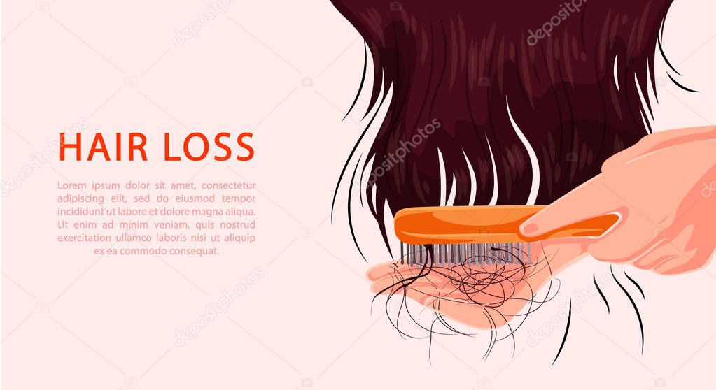 Girl with brown hair, she have a problem, it fall, alopecia, damage medicine vector illustration