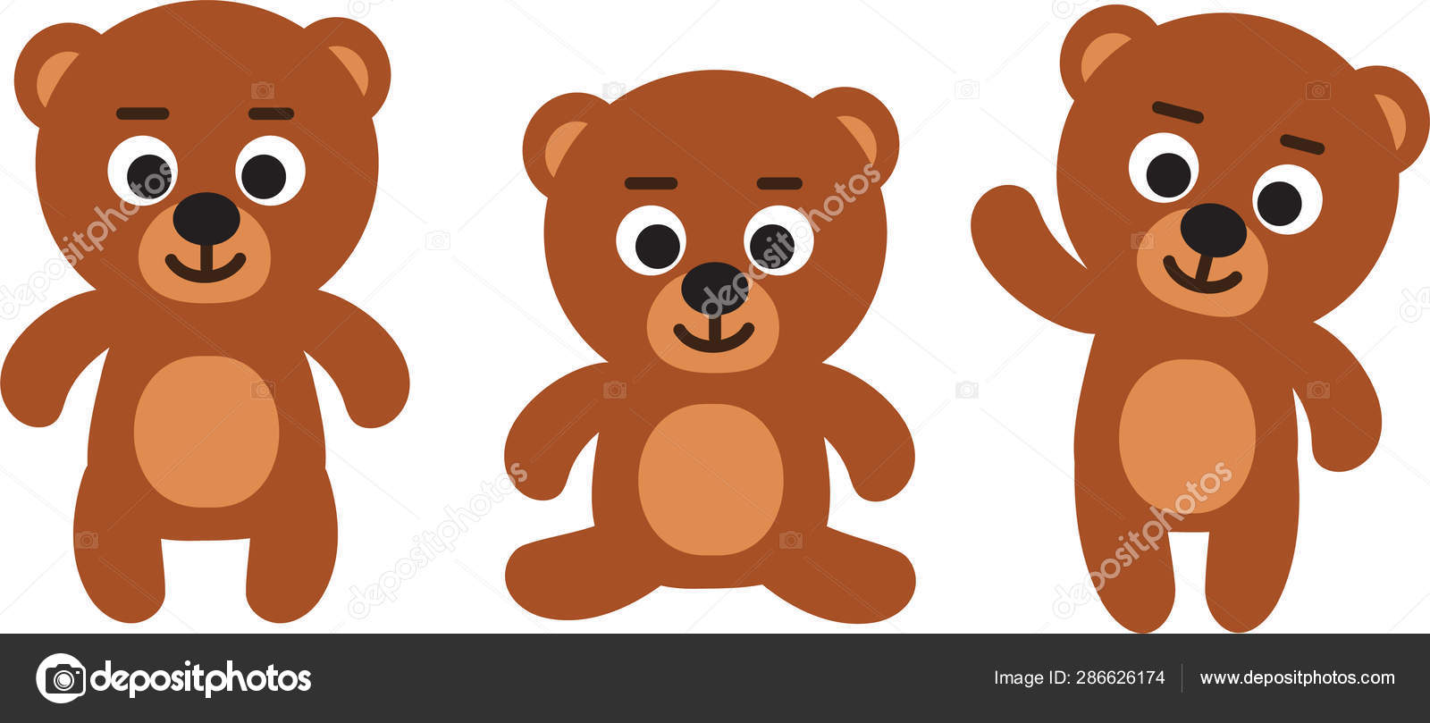 Cute funny teddy bear emoji standing, sitting, waiving set of three