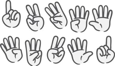 Temel matematik öğrenen çocuklar için çizgi film elleri seti. Ellerinizle 1'den 10'a kadar say. Komik vektör doodle, değiştirilebilir küresel renkler, semboller toplama.