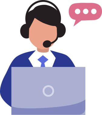 Müşteri hizmetleri düz çizim desteği. Kulaklık, mikrofon ve dizüstü bilgisayar işleme durumu olan takım elbiseli yardım hattı çalışanı insanlara yardım ediyor.