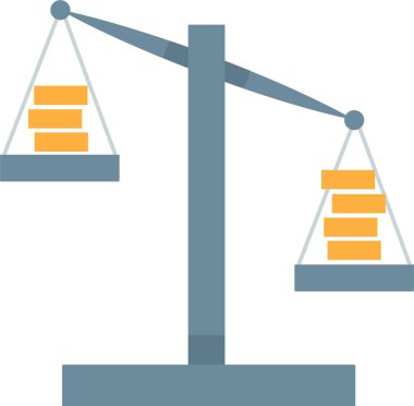 Karikatür ölçekler sembol infographics öğesi. Altın sikkeler ile tartım makinesi biraz fazla dengeli. Fiyat karşılaştırması, kar ve fiyat ölçüsü kavramı