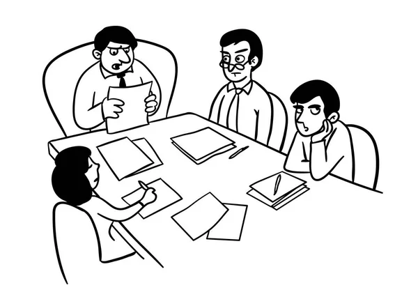 Ofis ekibi sıkıcı toplantı karikatür çizim. Çizgi film, bir grup insanın farklı cinsiyette oturup patronlarının konuşmalarını dinlediğini gösteren bir çizgi film. Vektör sunum doodle.