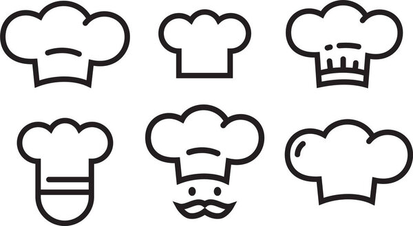 Chef icons set, chefs hat symbols. Vector logo collection simple lineart outline icons isolated.