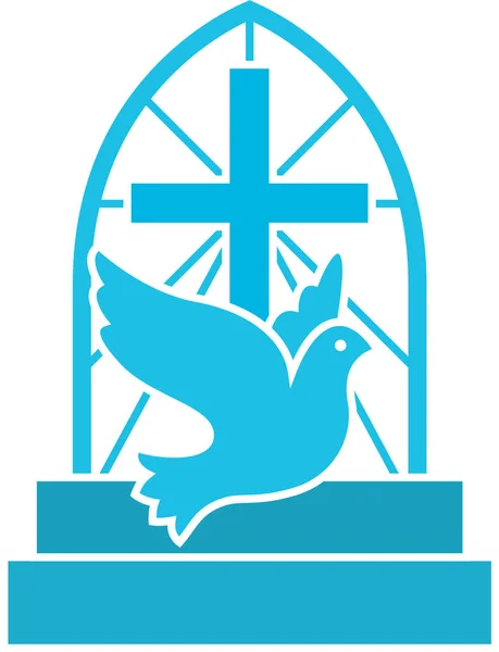 Logo de la iglesia cristiana con paloma voladora, cruz y escaleras. Plano icono vectorial aislado símbolo de esperanza, amar a un Jesús . — Vector de stock