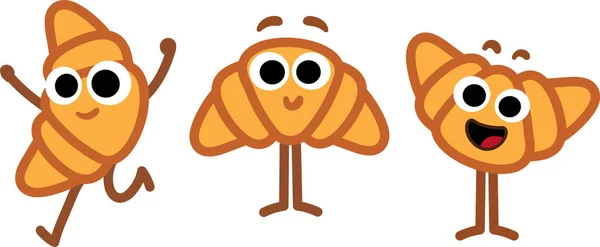 Conjunto de croissants personajes de dibujos animados garabatos. Felices mascotas de comida divertida para panadería y menú de restaurantes. Arte vectorial aislado simple. Adorable conjunto de iconos de diseño de personajes . — Vector de stock