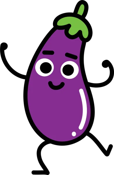 Eggplant emoji tecknad karaktär dans och leende. Rolig vektor illustration för uttryckssymbol. — Stock vektor