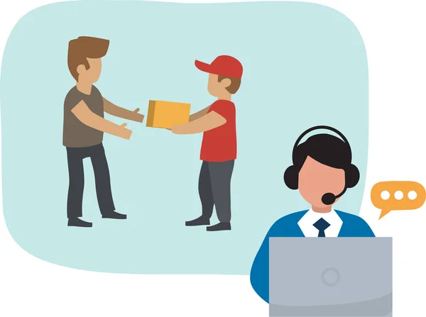 Paket sipariş ve infografic için teslimat düz karikatür vektör illüstrasyon. Kulaklıktaki operatör müşteriden sipariş aldı. Sevkiyat tamamlandı.