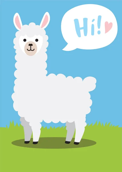 Sevimli komik lama karikatür. Lama vektör merhaba, basit komik vektör hayvan illüstrasyon söyleyerek parlak bir arka plan çizim.