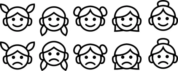 Liniensymbole von Frauen unterschiedlichen Alters: Baby, Mädchen, Teenager, Frau, Oma. einfache Umrisszeichnung Symbolsatz. Sammlung von Vektorsymbolen isoliert. — Stockvektor