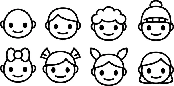 Mutlu ve üzgün gülümseme karikatür simgeleri ayarlayın. Farklı ruh hallerinde küçük çocuk kafa emojisi. Vektör anahat simgeleri koleksiyonu yalıtılmış.