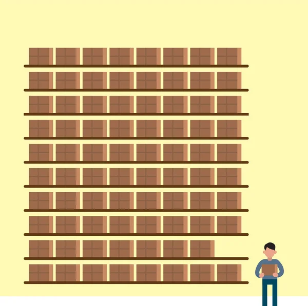 Cartoon warehouse, giant stock supply with little man standing around holding box. Storage place infographics elements, simple vector illustration. — Stock Vector