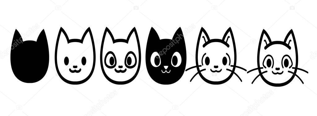 Cat icons collection. Kittens emoji symbols set. Black and white simple outline cats head emoticon pictures.