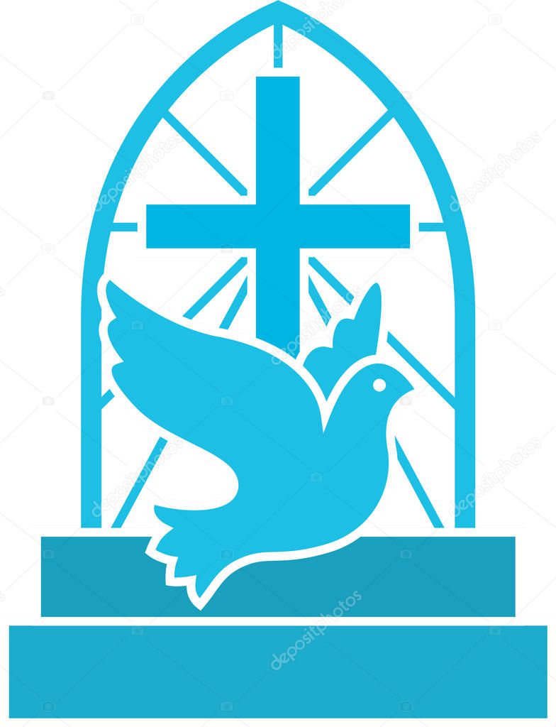 Christian church logo with flying dove, cross and stairs. Flat isolated vector icon symbol for hope, love an Jesus.