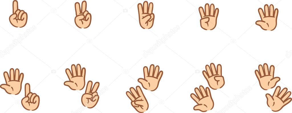 Set of cartoon hands for kids learning basic math. Count from one to ten with your hands. Funny vector doodle collection