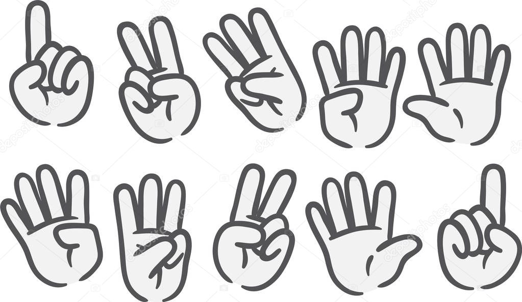 Set of cartoon hands for kids learning basic math. Count from one to ten with your hands. Funny vector doodle, changeable global colors, symbols collection.