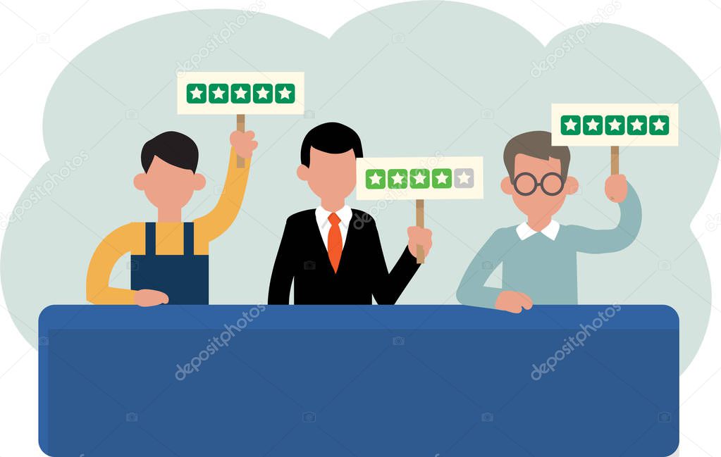Review rating cartoon infographics elements. People giving customer feedback four an dfive stars by showing rating boards sitting at the table.