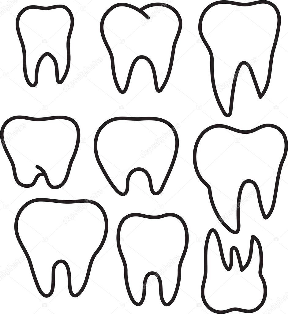 Set of simple stomatology vector logos. Elegant one line teeth drawings. Tooth icon set.