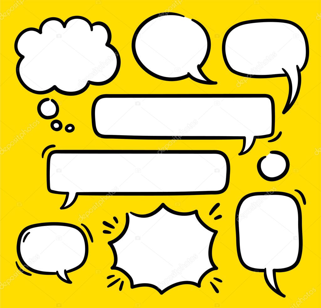 Cartoon text balloons, speech bubbles doodle vector set. Empty word comic shapes of thinking or speaking. Illustrations stored as symbols.