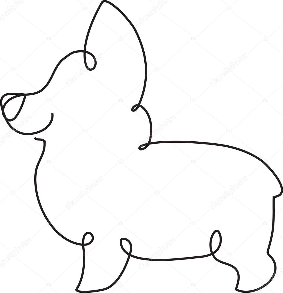 Cute corgi continuos line drawing. Abstract one line puppy vector doodle.