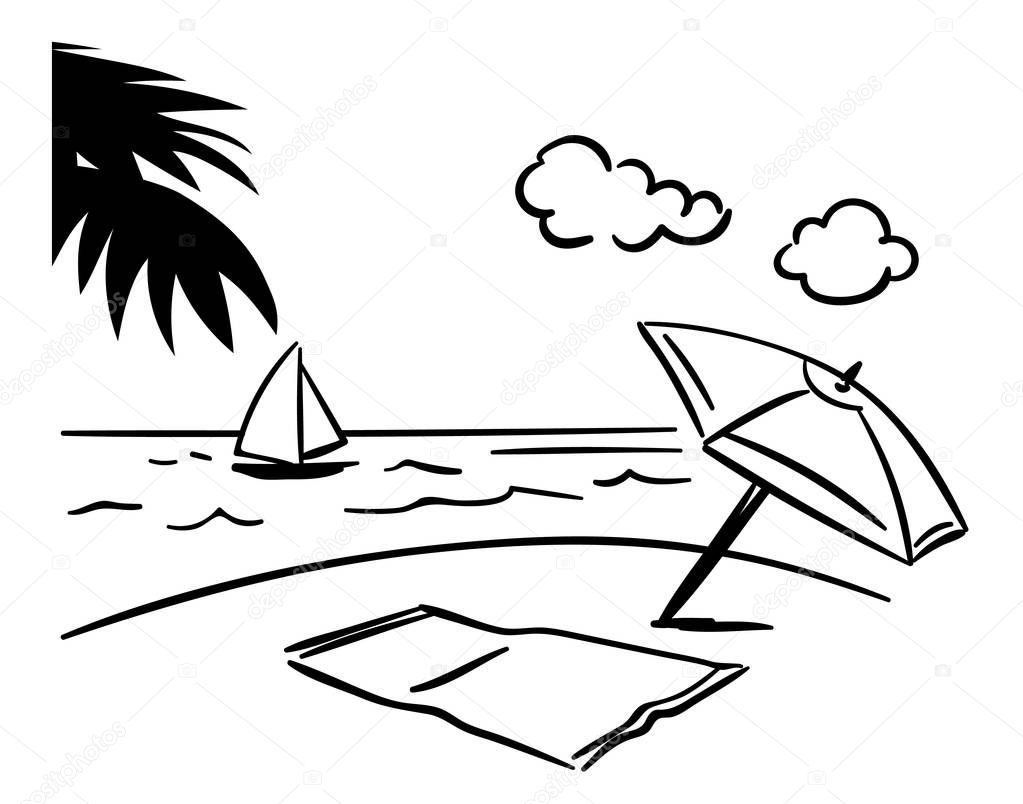 Cartoon summer resort landscape - sea beach with palm leaves, umbrella, towel on a sand, clouds in the sky and little boat sailing away. Simple hand-drawn doodle vector illustration of vacation scene.