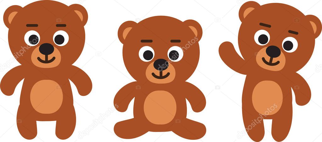 Cute funny teddy bear emoji standing, sitting, waiving - set of three bears cartoon vector illustrations