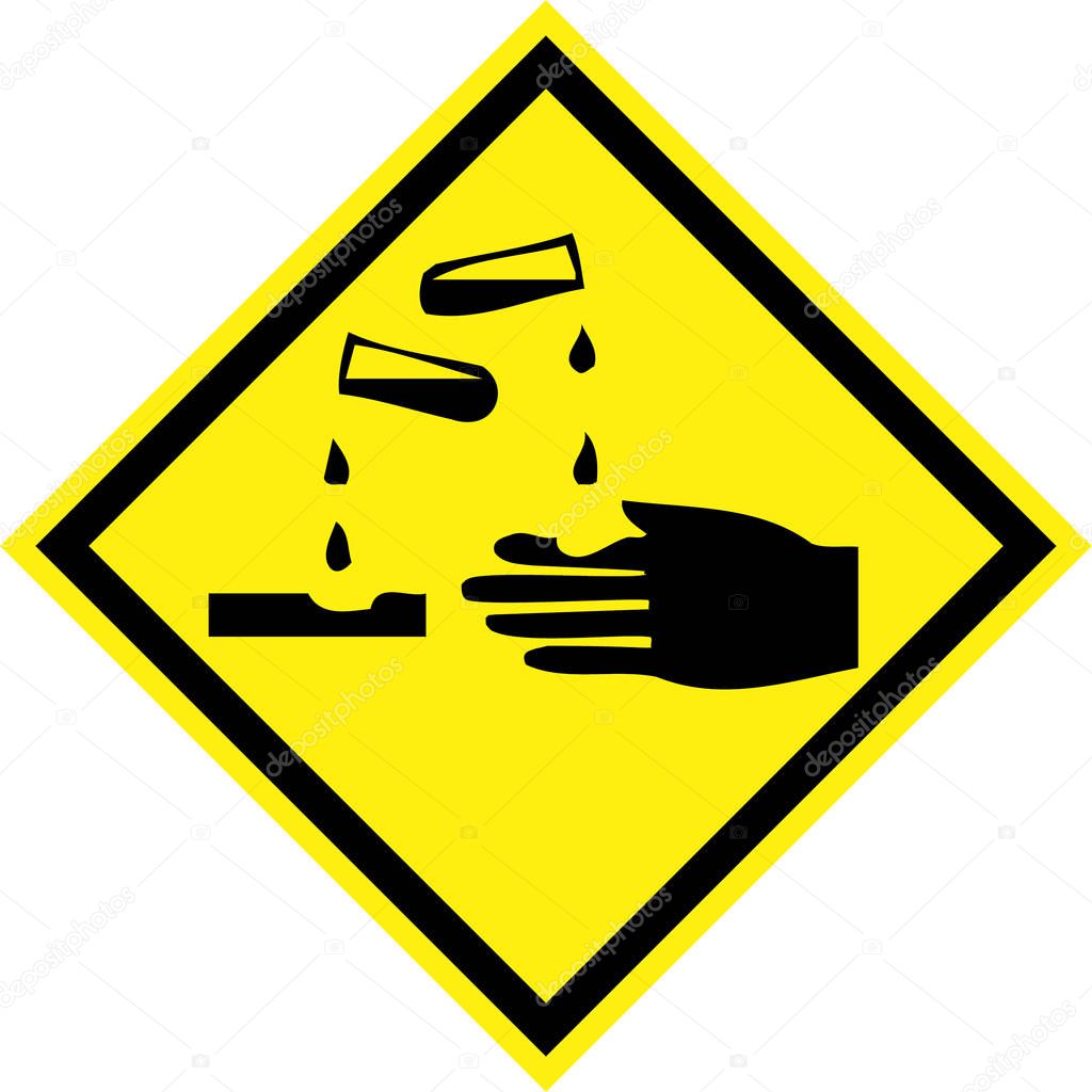 Yellow hazard sign with corrosive substances symbol