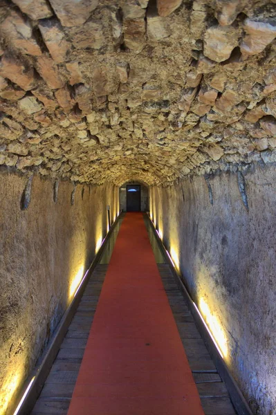 Elegante Tunnel Vecchio Stile Con Tappeto Rosso Una Porta Alla — Foto Stock