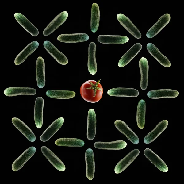 Tomato and cucumbers on black background. Isolated flat lay photo. — Stock Photo, Image