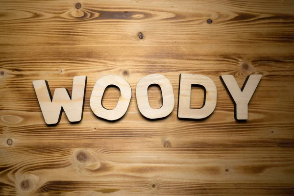 Woody Ord Gjort Med Byggstenar Träskiva — Stockfoto
